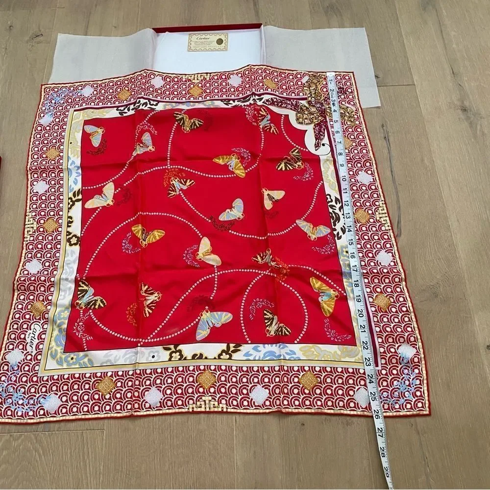 NEW Cartier Paris Red White Silk Crepe Butterflies Moth Square Scarf Shawl - Picture 7 of 12